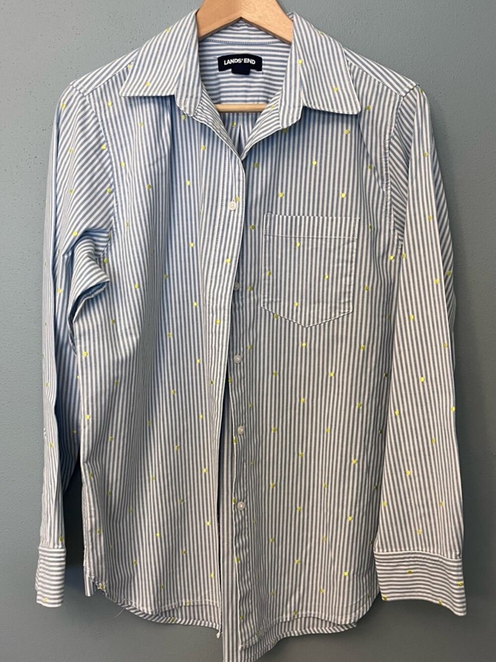 Lands' End Striped Button Down Shirt with Embroidered Polka Dots